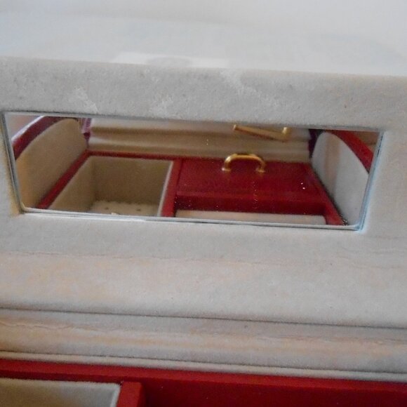 VTG Red Pebbled Leather Double Handled Jewelry Case-Divided Sections Mirror-Nice - Picture 9 of 10